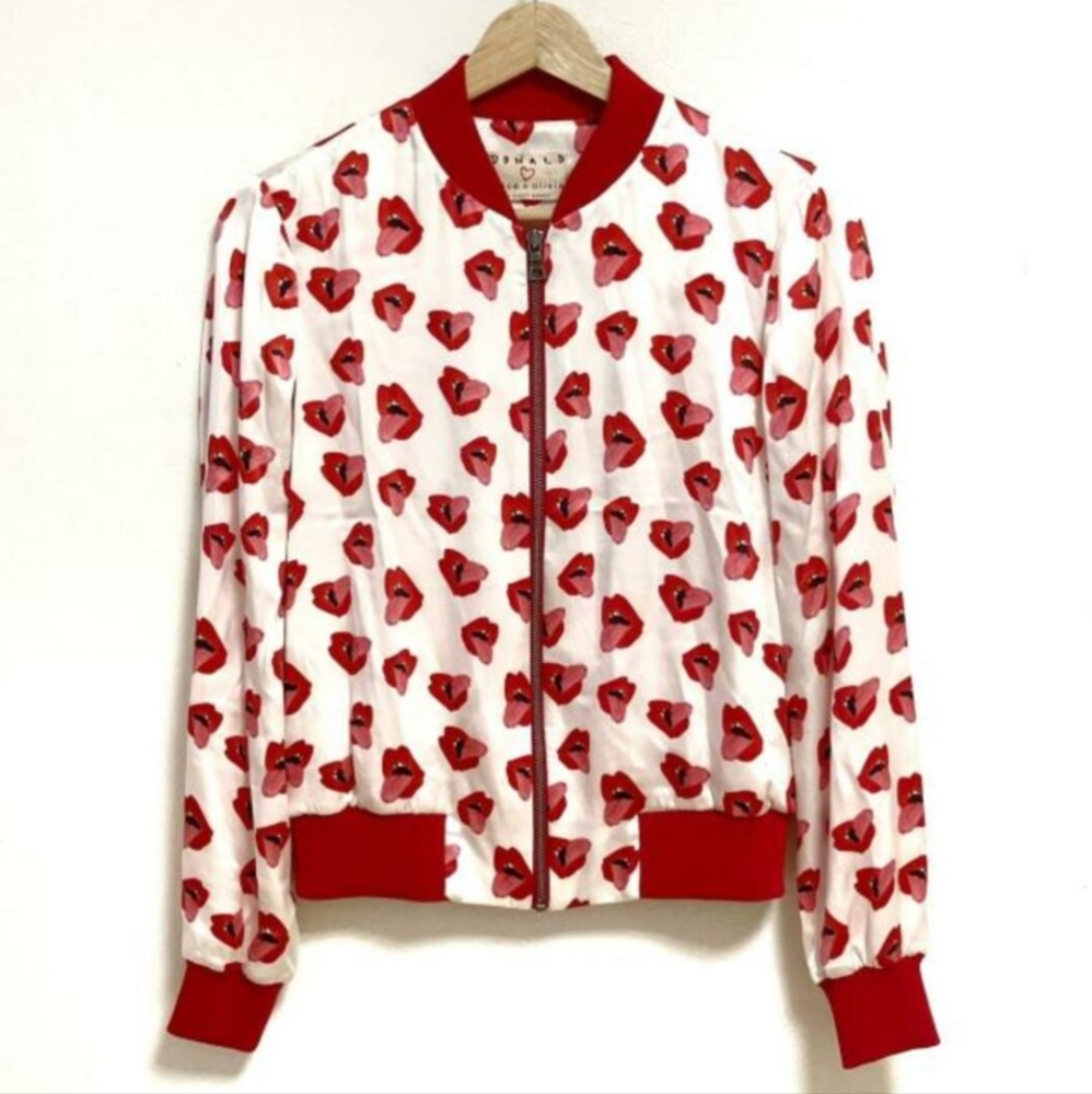 Alice + Olivia X Donald Robertson Lonnie Printed Silk Bomber Jacket- Small